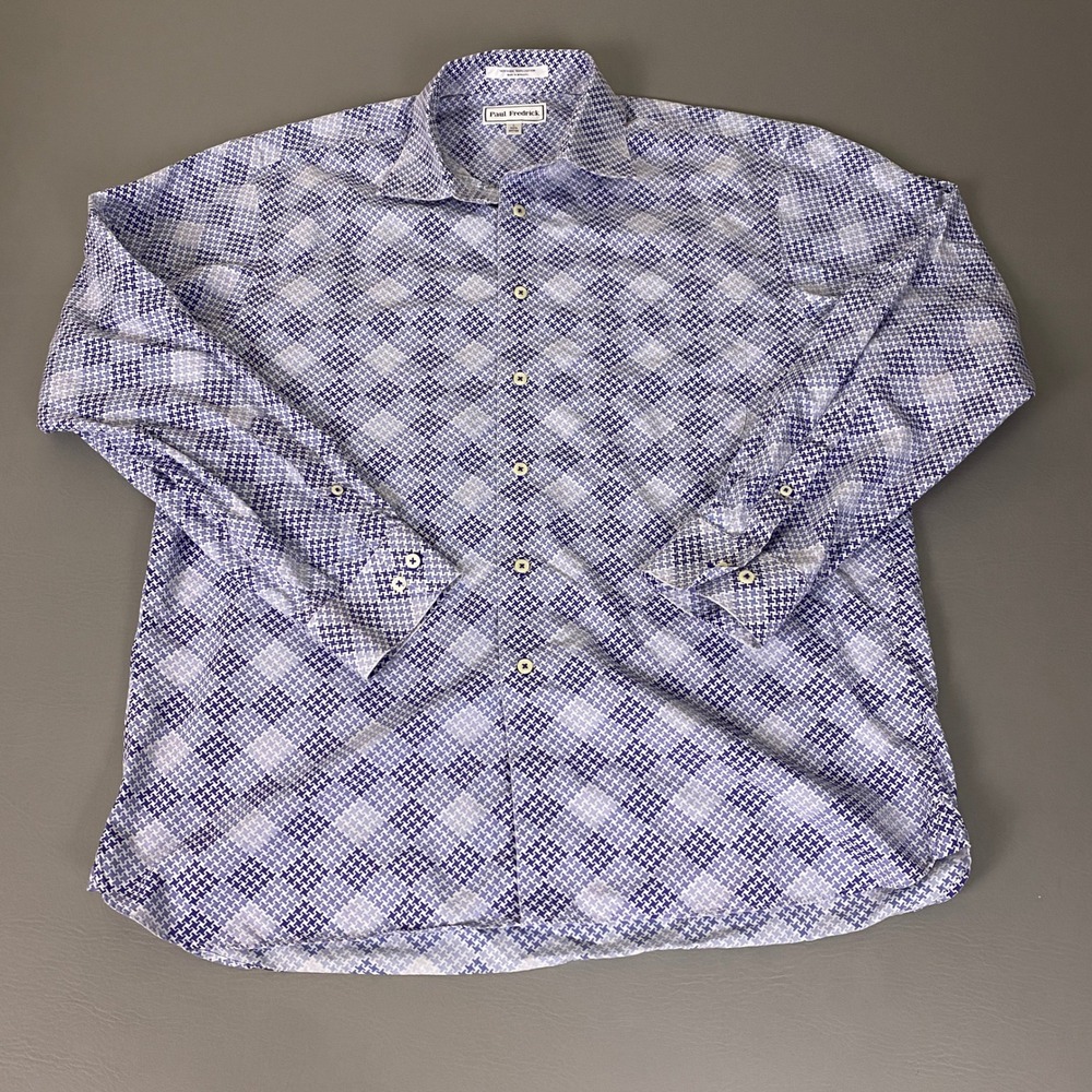 Paul Fredrick Houndstooth Button Down Shirt Men's Size Large Blue White Non-Iron